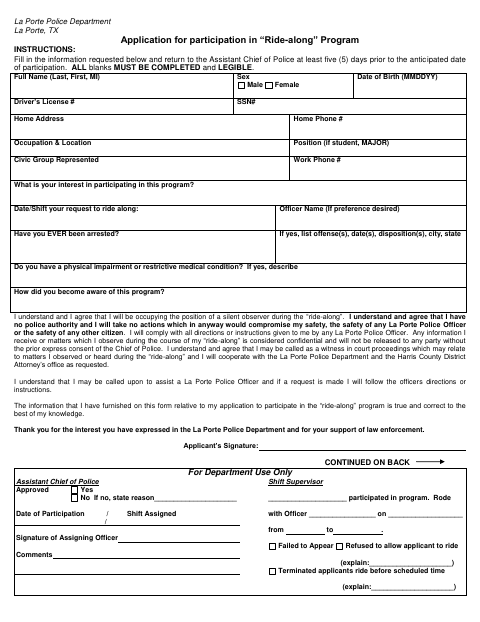 First page of the Police Ride-Along Application and Assumption of Risk