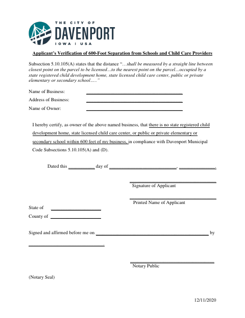 First page of the Applicant’s Verification of 600-Foot Separation