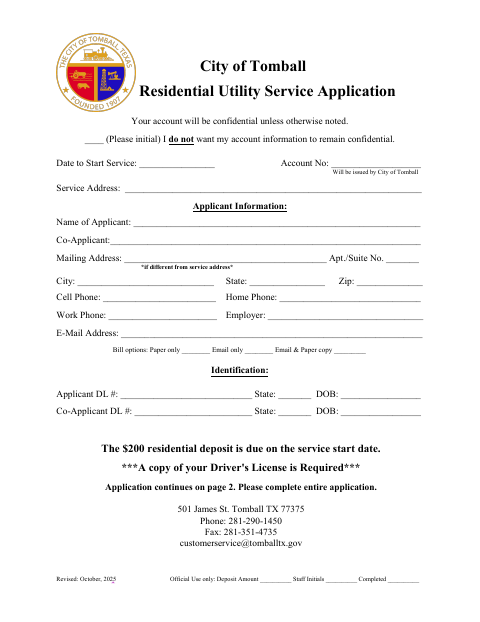 First page of the Residential Utility Service Application