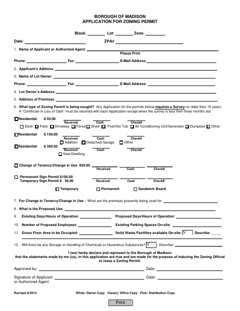 First page of the Application for Zoning Permit