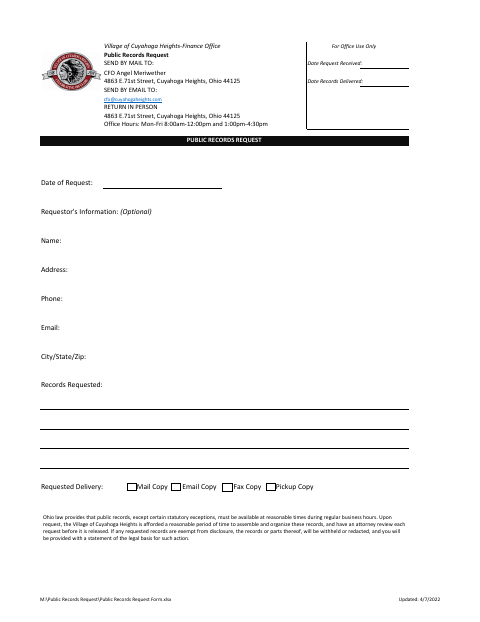 First page of the Public Records Request