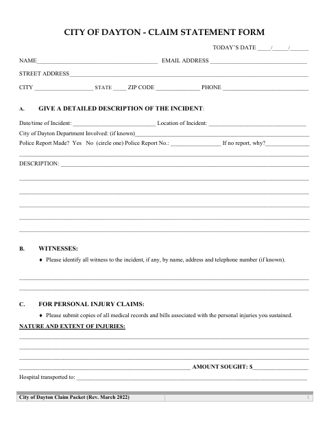 First page of the Claim Statement Form