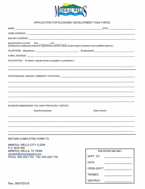 First page of the Application for Economic Development Task Force