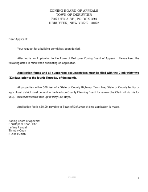 First page of the Application to Zoning Board of Appeals