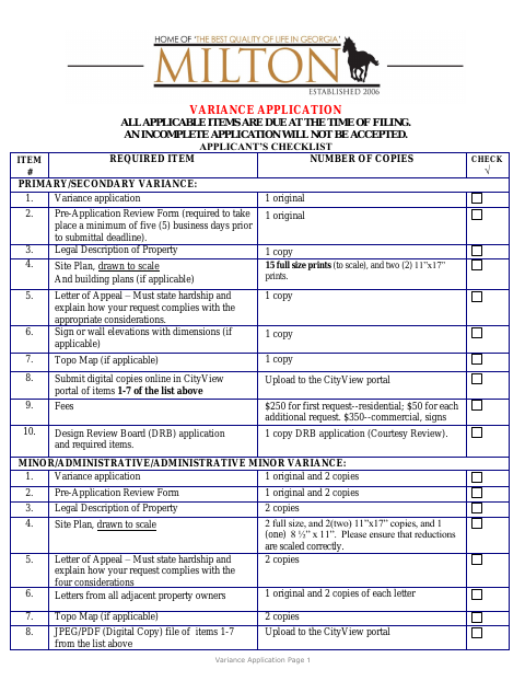 First page of the Variance Application