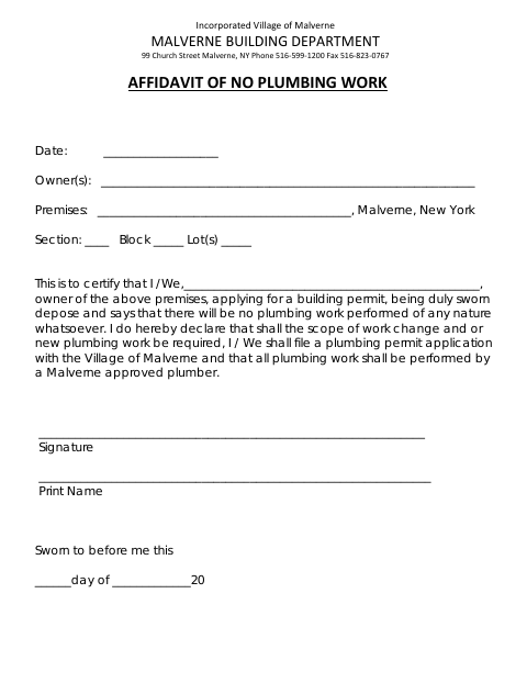 First page of the Affidavit of No Plumbing Work
