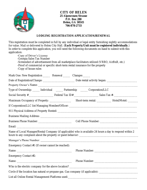 First page of the Lodging Registration Application/Renewal Form