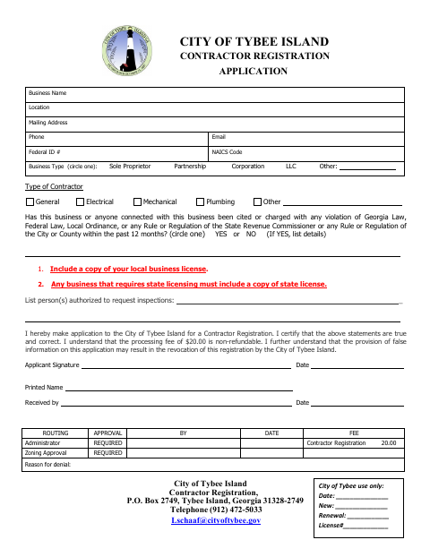 First page of the Contractor Registration Application