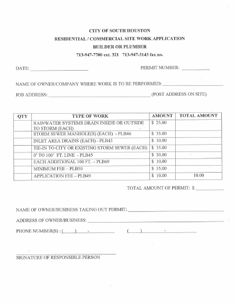 First page of the Residential-Commercial Site Work Application