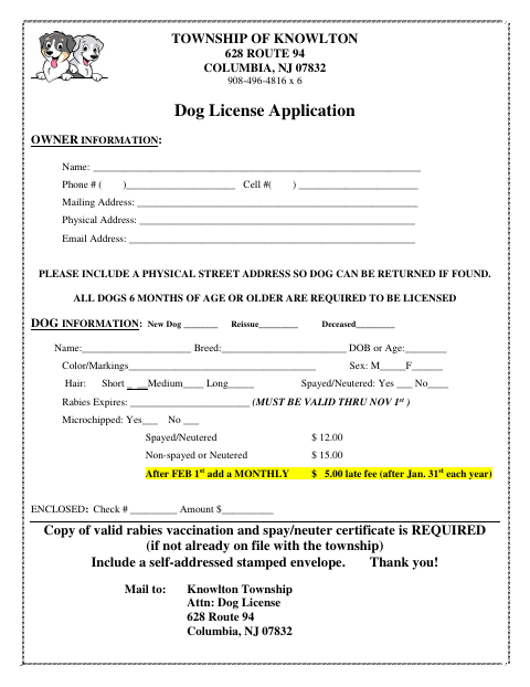 First page of the Dog License Application