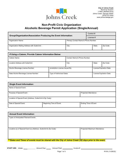 First page of the Non-Profit Alcohol Special Event Permit Application