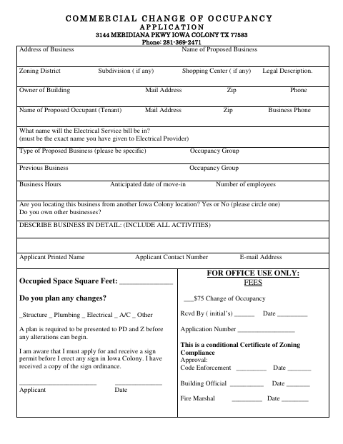 First page of the Commercial Change of Occupancy Application