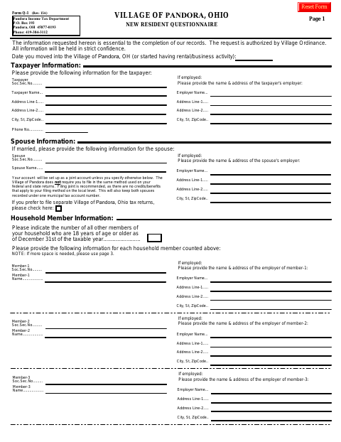 First page of the New Resident Questionnaire