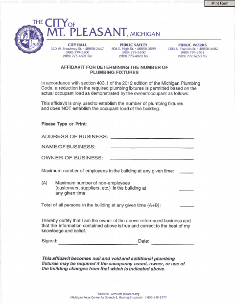 First page of the Affidavit for Determining the Number of Plumbing Fixtures