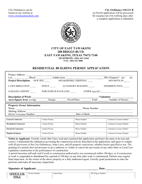 First page of the Residential Building Permit Application