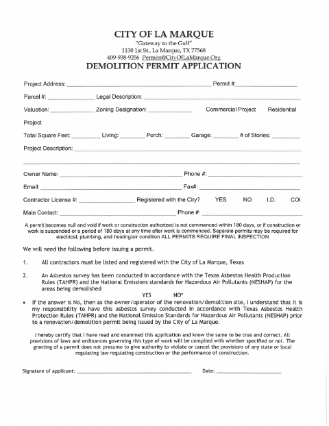 First page of the Demolition Permit Application