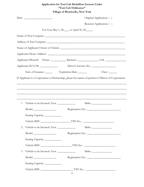 First page of the Taxi Medallion Application