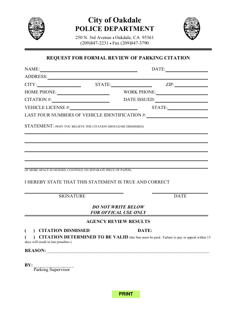 First page of the Request for Formal Review of Parking Citation