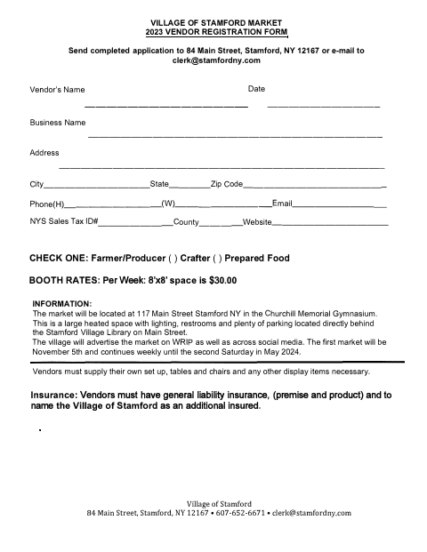 First page of the Market Vendor Registration Form