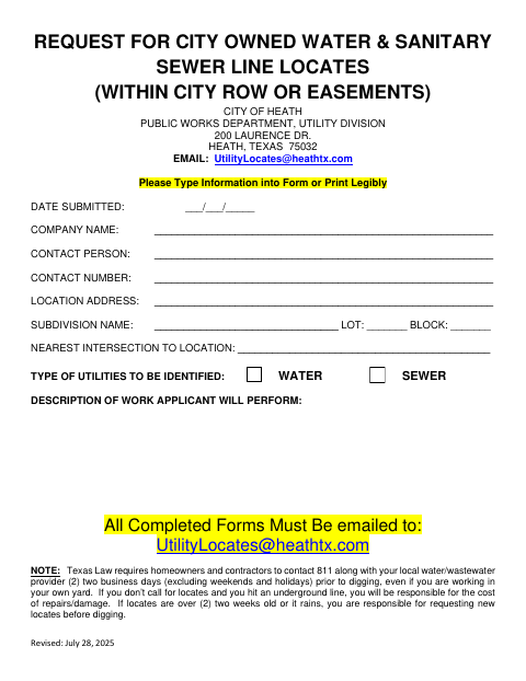 First page of the Request for City-Owned Water and Sanitary Sewer Line Locates