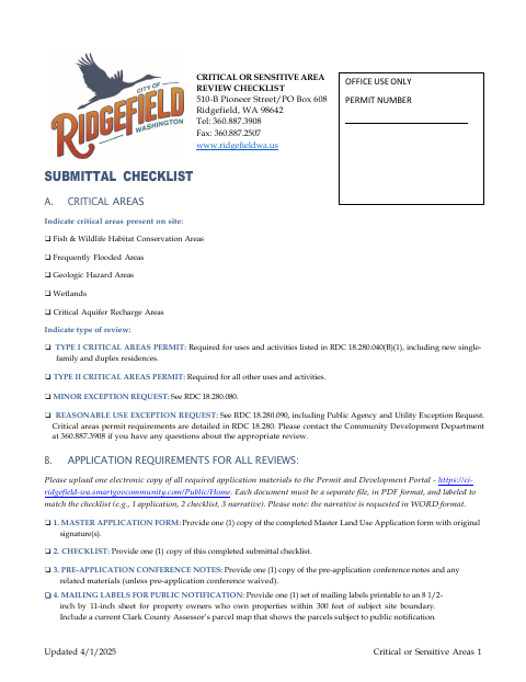 First page of the Critical or Sensitive Area Review Checklist