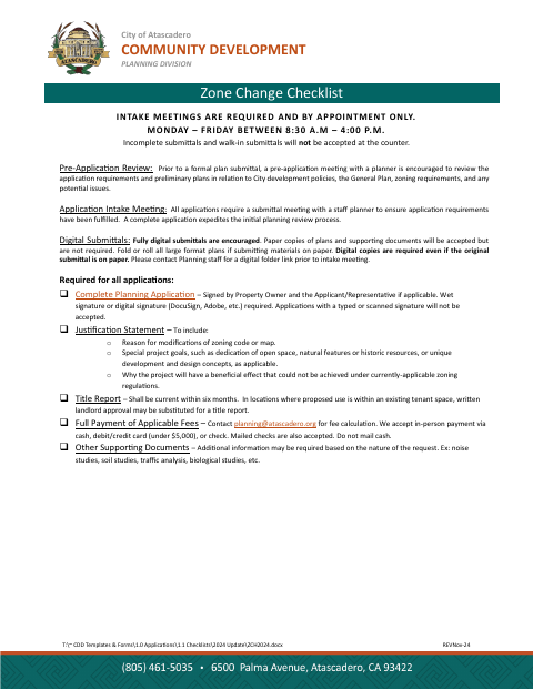 First page of the Zone Change Checklist