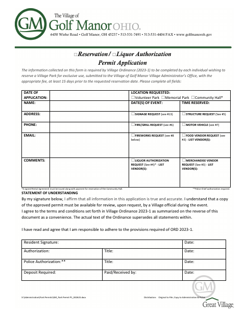 First page of the Park Reservation and Liquor Authorization Permit Application