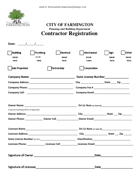 First page of the Contractor Registration