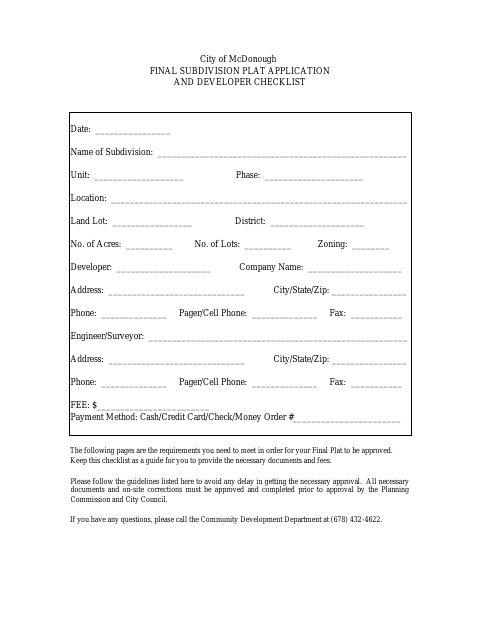 First page of the Final Subdivision Plat Application