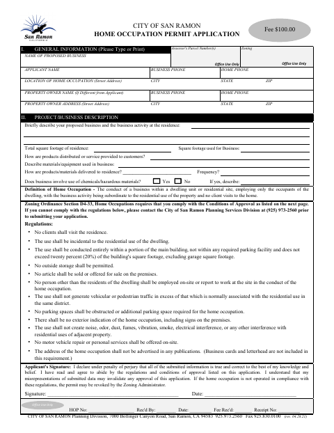 First page of the Home Occupation Permit Application