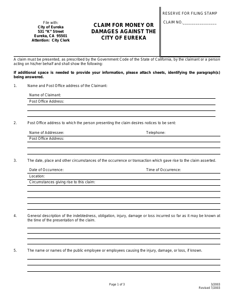 First page of the Claim for Money or Damages Against the City of Eureka