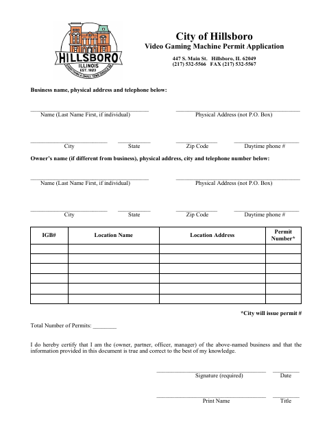 First page of the Video Gaming Machine Permit Application
