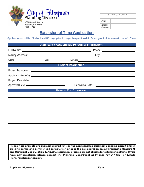 First page of the Extension of Time Application