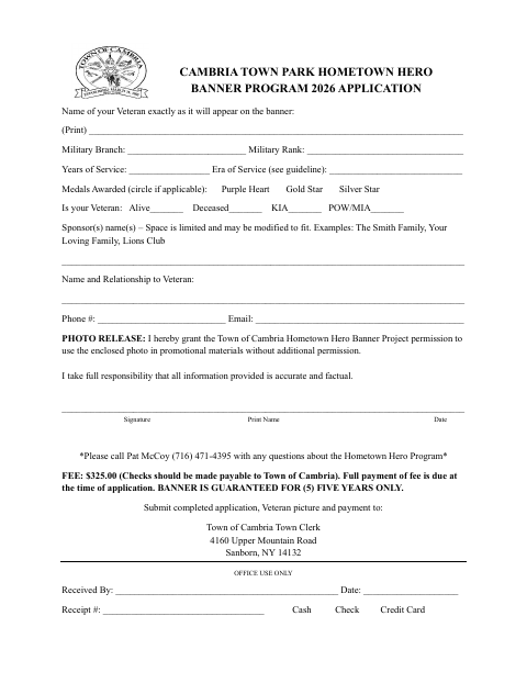 First page of the Cambria Town Park Hometown Hero Banner Program 2026 Application