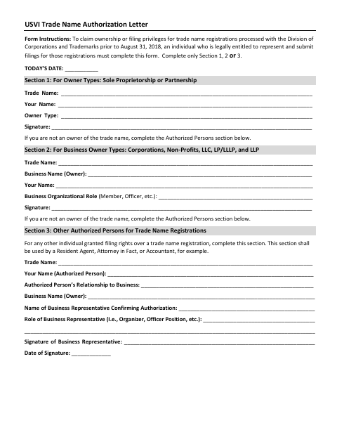 First page of the Business and Trade Name Authorization Letter (Trade Name Owners)