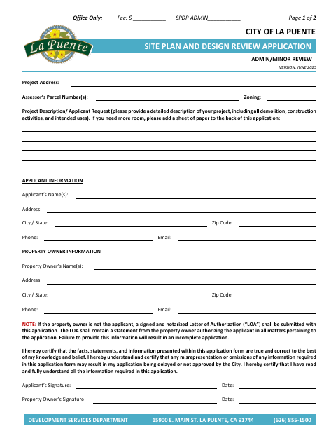 First page of the Site Plan and Design Review Application – Administrative/Minor