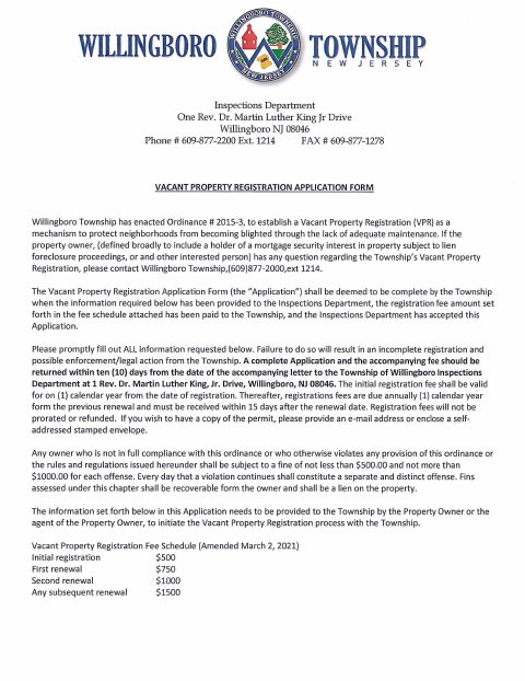 First page of the Vacant Property Registration Application