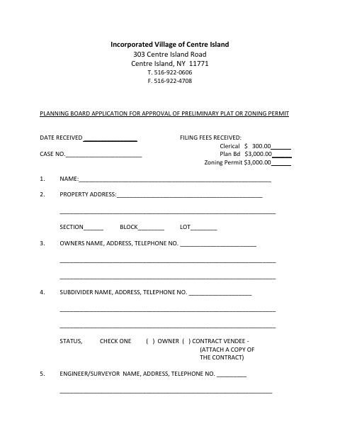 First page of the Planning Board Application for Approval of Preliminary Plat or Zoning Permit