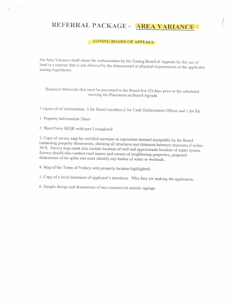 First page of the Area Variance Referral Package