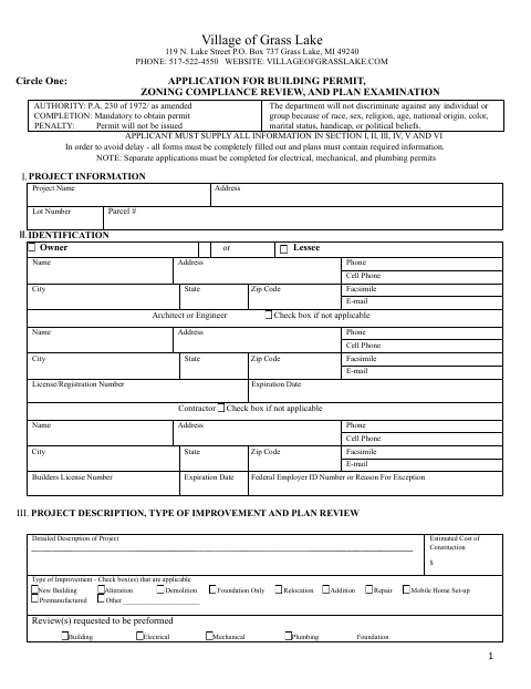 First page of the Application for Building Permit, Zoning Compliance Review, and Plan Examination