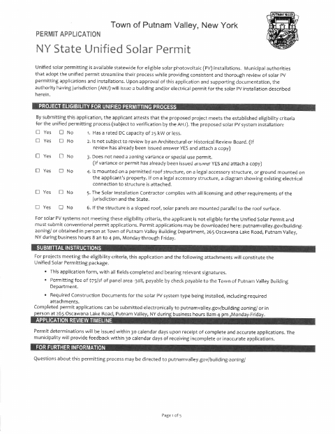 First page of the New York State Unified Solar Permit