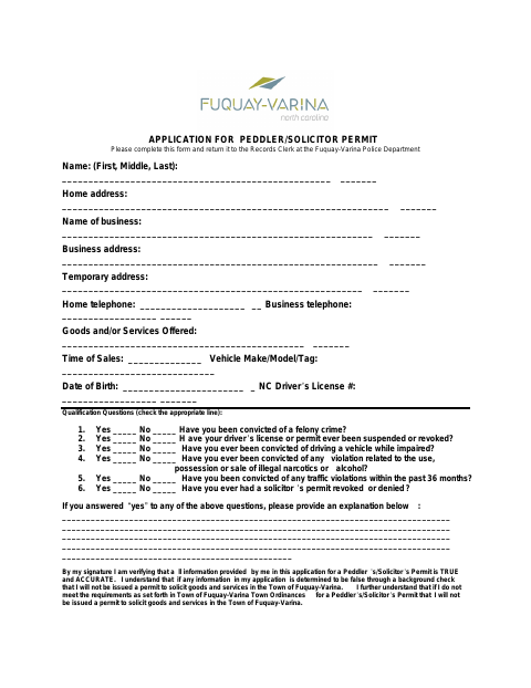 First page of the Peddler/Solicitor Permit Application