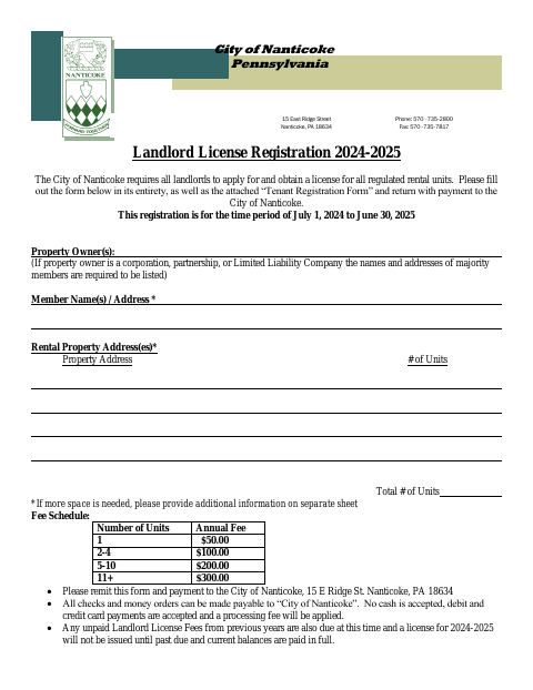 First page of the Landlord License Registration