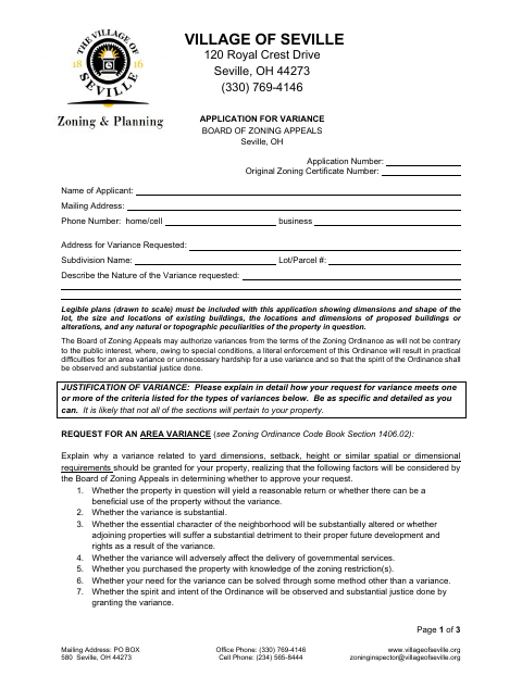 First page of the Application for Variance