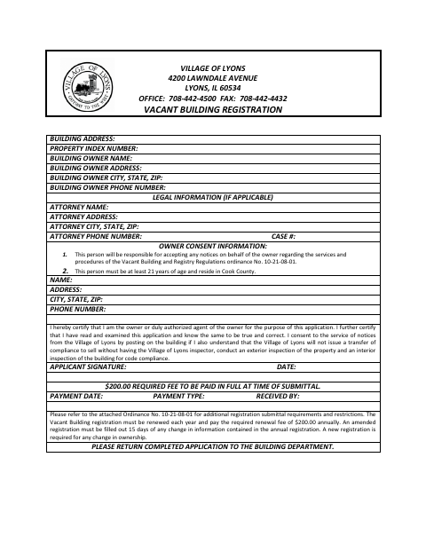 First page of the Vacant Building Registration