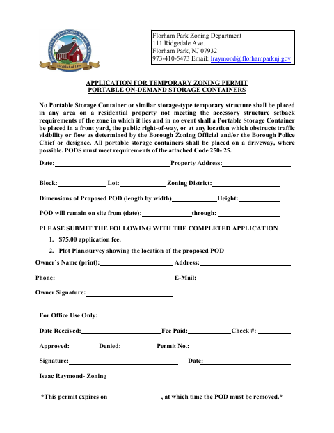 First page of the Application for Temporary Zoning Permit for Portable On-Demand Storage Containers