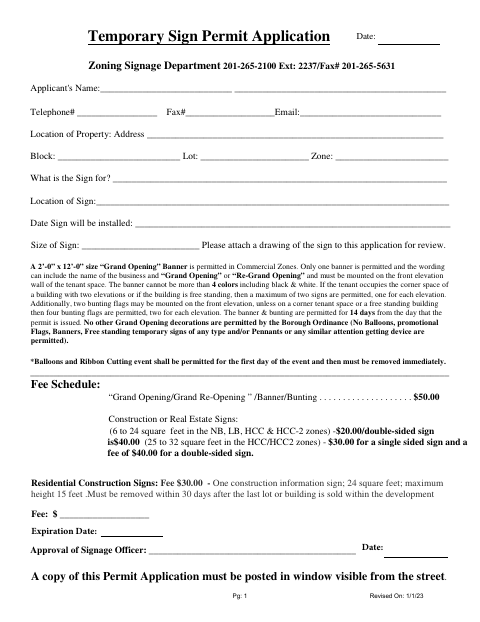 First page of the Temporary Sign Permit Application
