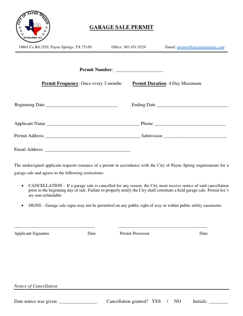 First page of the Garage Sale Permit