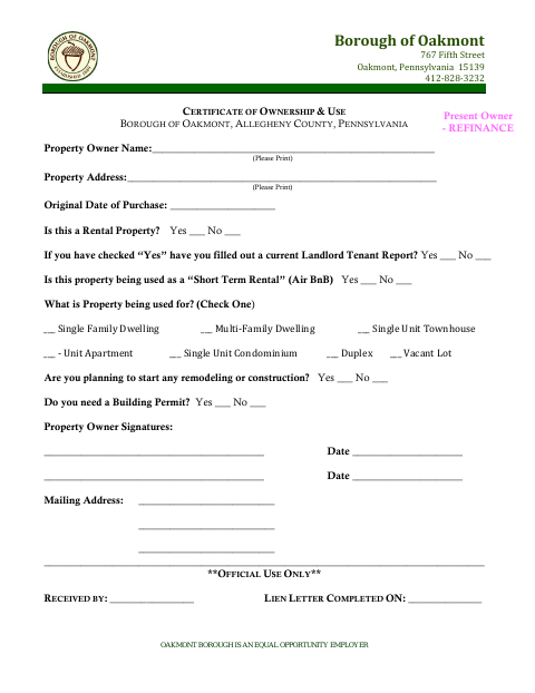 First page of the Certificate of Ownership & Use (Refinance)
