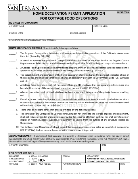 First page of the Home Occupation Permit Application for Cottage Food Operations